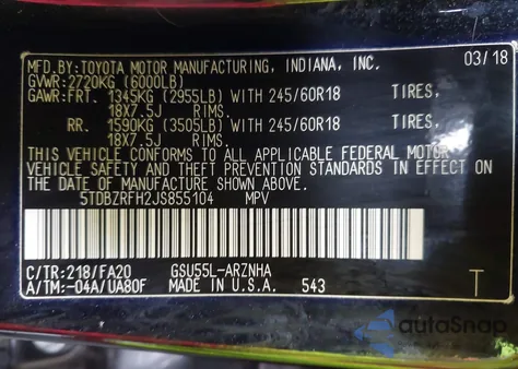 2018 Toyota Highlander Le Plus z USA, uszkodzony, nr VIN 5TDBZRFH2JS855104